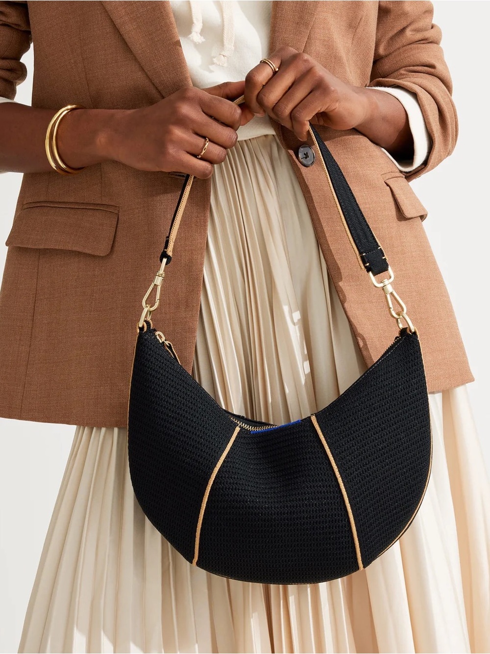 The Crescent Bag-  Black Crescent Shoulder Bag with Tan Trim